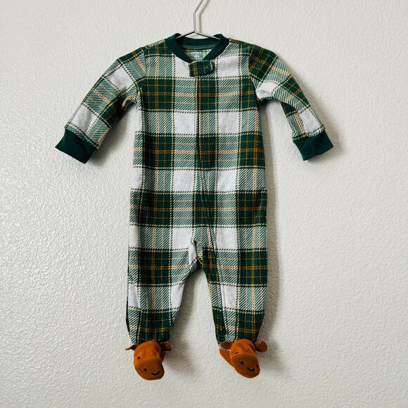 Carter’s reindeer fleece zip footie onesie green tan brown plaid - Picture 1 of 6